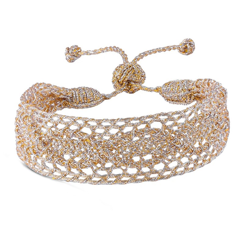 Bracelet manchette ajustable Mawja Gold & Silver - Fils d'or tressés Bracelet manchette ajustable Mawja Gold & Silver - Fils d'or tressés