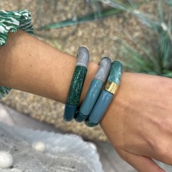 Bracelet jonc élastiqué PARAIBA 2- Vert, gris marbré & paillettes - PARABAYA