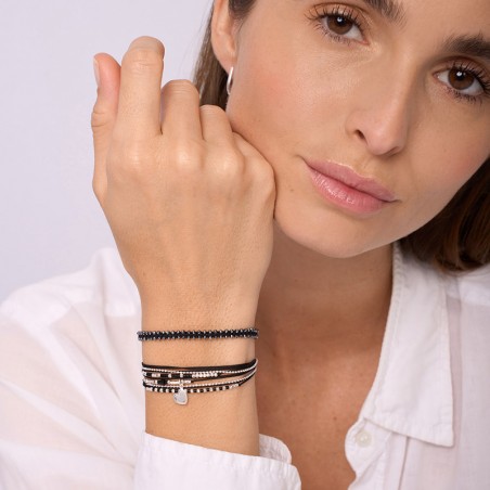 Bracelet Macramé Noir Avec Strass Cristallin - Fermeture Ajustable - Largeur 1.6 Cm - Neuf