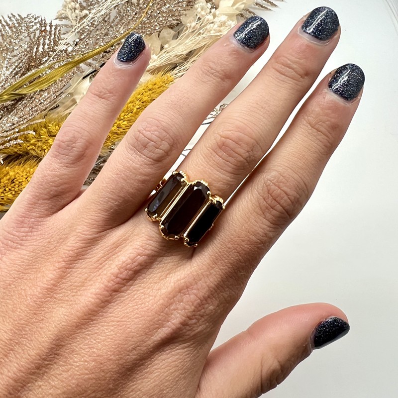Bague ajustable Or - Trois Pierres barrettes Quartz fumé AU FIL DE LO Bague ajustable Or - Trois Pierres barrettes Quartz fumé AU FIL DE LO
