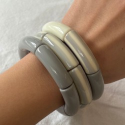 Bracelet jonc élastiqué RIVIERA CINZA 3 - Unis rayés gris clair foncé & crème