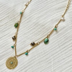 Collier sautoir - Pendentif perles turquoise & médaillon ajouré doré