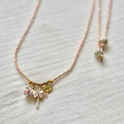 Collier sautoir Cordon turquoise rose fluo doré à nouer - Croix zircons