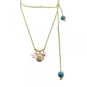 Collier sautoir Cordon vert bleu jaune doré à nouer - Médaille Ange JORGINA