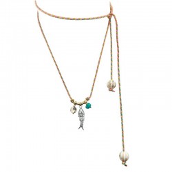 Collier sautoir Cordon rose fluo turquoise doré à nouer - Poisson argent