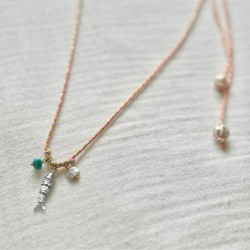 Collier sautoir Cordon rose fluo turquoise doré à nouer - Poisson argent