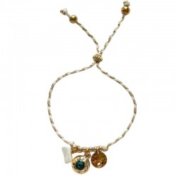 Bracelet élastiqué cordon blanc beige doré - Médailles & Oeil protecteur - JORGINA