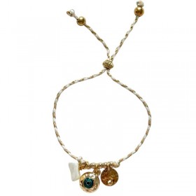 Bracelet élastiqué cordon blanc beige doré - Médailles & Oeil protecteur - JORGINA