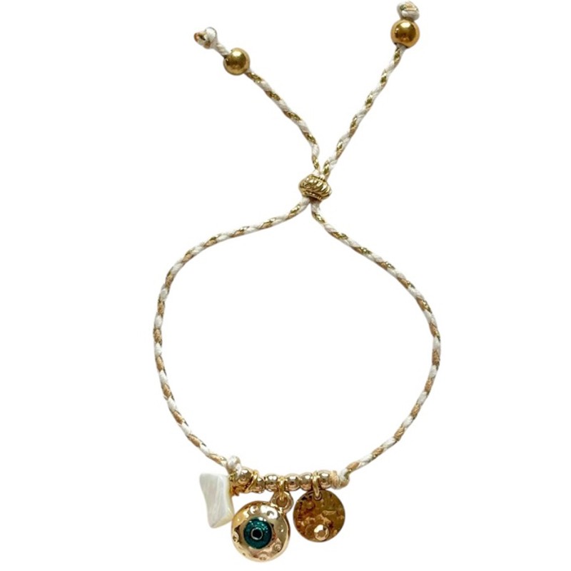 Bracelet élastiqué cordon blanc beige doré - Médailles & Oeil protecteur - JORGINA