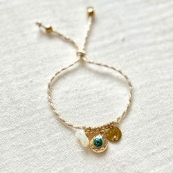 Bracelet cordon blanc beige Médaille martelée dorée, Oeil protecteur, nacre
