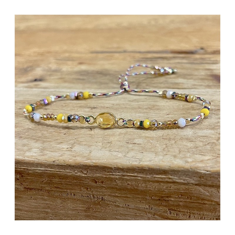 Bracelet cordon ajustable CASSIDY doré - Perles de cristal & Calcédoine jaune