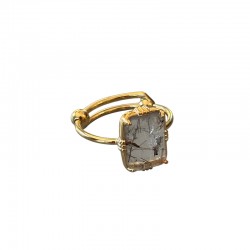 Bague ajustable Or - Pierre de Quartz rutile noir rectangulaire