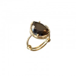 Bague ajustable GOUTTE Or - Pierre de Quartz rutile fumé - Au Fil de Lo