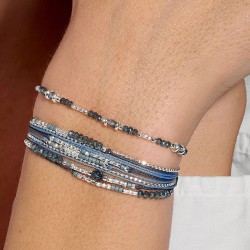 Bracelet double tours ATLANTA en argent, cordons gris et perles bleues