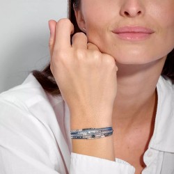 Bracelet double tours ATLANTA en argent, cordons gris et perles bleues