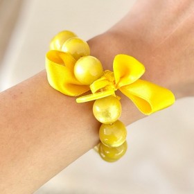 Bracelet élastiqué Perles Résine JAUNE BRILLANT & ruban satin - L- 20mm - Zoé Bonbon