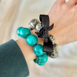 Bracelet élastiqué Perles Résine TURQUOISE BRILLANT & ruban satin - 2 cm