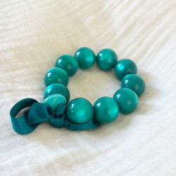 Bracelet élastiqué Perles Résine TURQUOISE BRILLANT & ruban satin - 2 cm