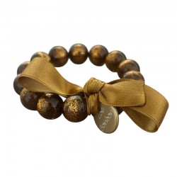 Bracelet élastiqué Perles Résine BRONZE PAILLETE & ruban satin - 1,4 cm
