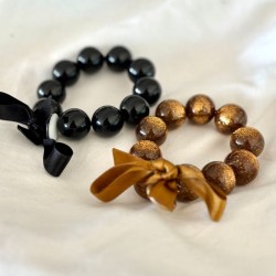 Bracelet élastiqué Perles Résine BRONZE PAILLETE & ruban satin - 1,4 cm