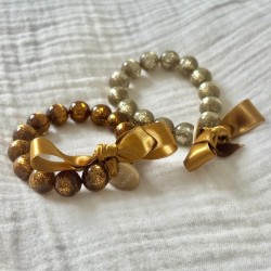 Bracelet élastiqué Perles Résine BRONZE PAILLETE & ruban satin - 1,4 cm