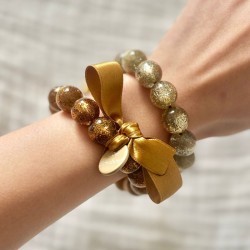 Bracelet élastiqué Perles Résine BRONZE PAILLETE & ruban satin - 1,4 cm