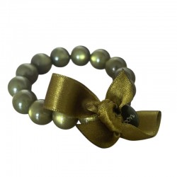 Bracelet élastiqué Perles Résine KAKI NACRE & ruban satin - 1,4 cm
