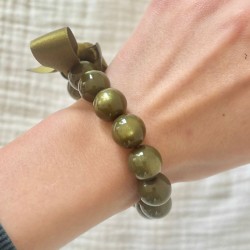 Bracelet élastiqué Perles Résine KAKI NACRE & ruban satin - 1,4 cm