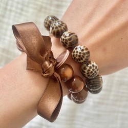 Bracelet élastiqué Perles Résine MARRON & ruban satin - 1,4 cm