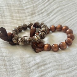 Bracelet élastiqué Perles Résine MARRON & ruban satin - 1,4 cm