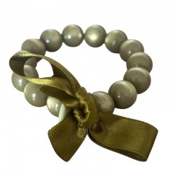 Bracelet élastiqué Perles Résine TAUPE NACRE & ruban satin - 1,4 cm