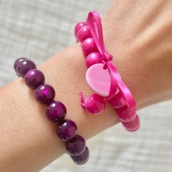 Bracelet élastiqué Perles Résine PRUNE NACRE & ruban satin - 1 cm