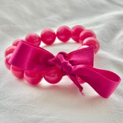 Bracelet élastiqué Perles Résine ROSE NACRE & ruban satin - 1,4 cm