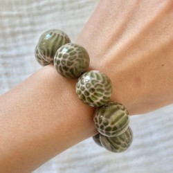 Bracelet élastiqué Perles Résine LEOPARD KAKI ROSE et ruban satin - L