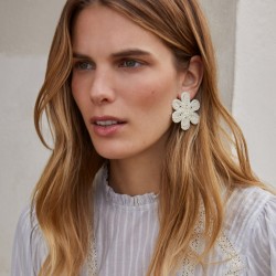 Boucles d'oreilles grandes puces FLORE ECRU - Marguerites en coton