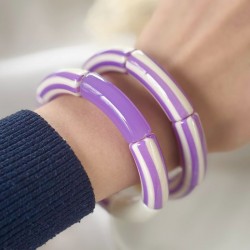 Bracelet jonc élastiqué RIVIERA LILAS 3 - Mix unis rayés violet & blanc