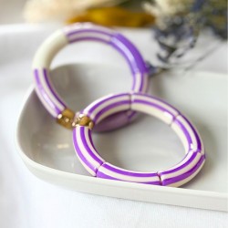 Bracelet jonc élastiqué RIVIERA LILAS 3 - Mix unis rayés violet & blanc