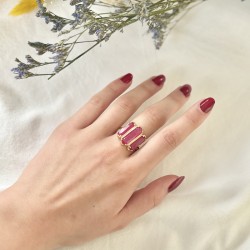Bague ajustable Or - Trois Pierres barrettes Quartz fraise