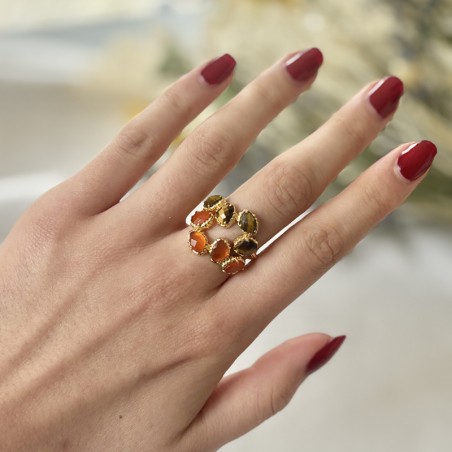 Bague Réglable En œil De Tigre Naturel - Pierre Marron - Chevalière Acier Inoxydable - Taille Universelle