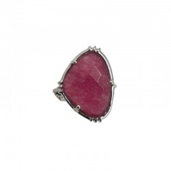 Bague ajustable en argent - Grosse Pierre de Quartz fraise AU FIL DE LO
