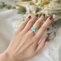 Bague ajustable en argent - Décor & Turquoise rectangulaire