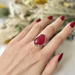 Bague ajustable en argent - Grosse Pierre de Quartz fraise