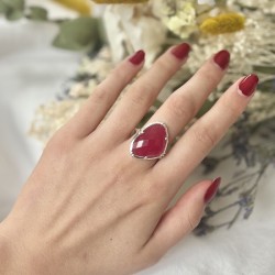 Bague ajustable en argent - Grosse Pierre de Quartz fraise