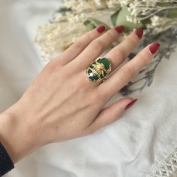 Grosse Bague ajustable SCARABEE Or - Onyx vert