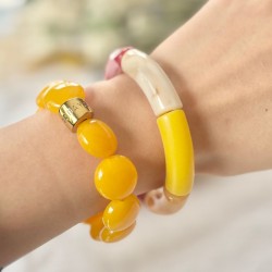 Bracelet jonc élastiqué PITANGA 3 - Beige marbré Bordeaux & Jaune mat