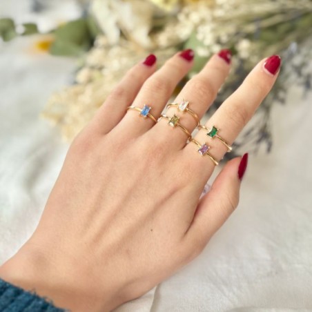 Bague Perle Facettée Carrée Vert Olive - Taille 50,5 - Anneau En Cuivre - Occasion