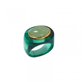 Bague large OXIDISED GREEN&JADE résine VERTE - Cabochon ovale doré - LUKAS JACK