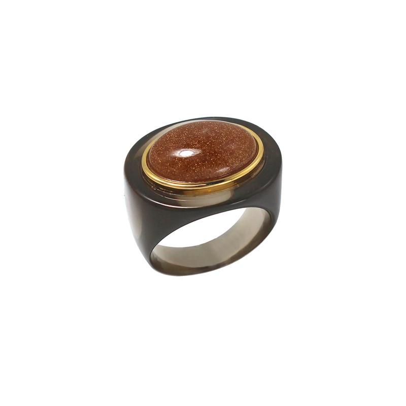 Bague large DEEP SMOKY&GOLD SANDSTONE Résine MARRON - Cabochon ovale miel - LUKAS JACK