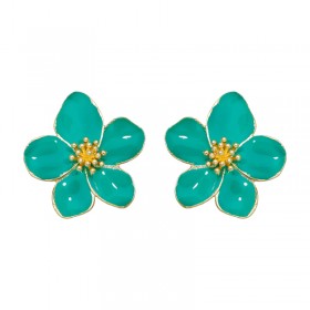 Boucles d'oreilles grandes puces Fleurs HIBISCUS doré - Email vert - ARGELOUSE