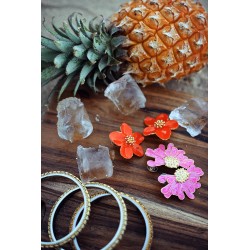Boucles d'oreilles grandes puces Fleurs HIBISCUS doré - Email orange